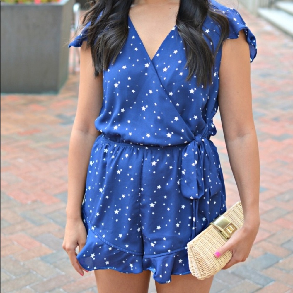 Star Print Ruffle Hem romper in Navy XS